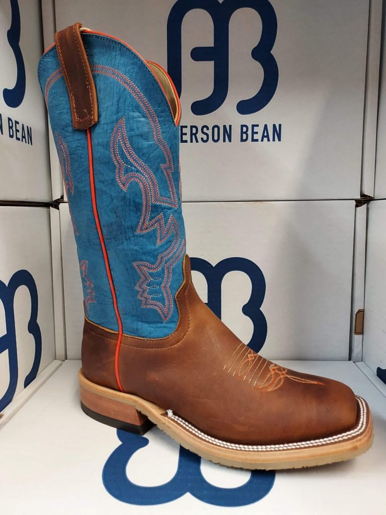 Anderson Bean S3000 men's western boot with briar brown leather vamp and 13-inch Danube Mad Dog blue goat shaft, wide square toe, double welt sole stitch, and Vibram tan crepe outsole