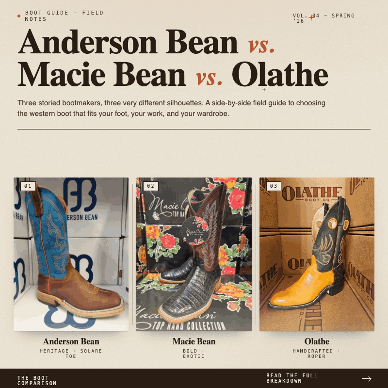 Anderson Bean, Macie Bean, and Olathe western boots compared side by side