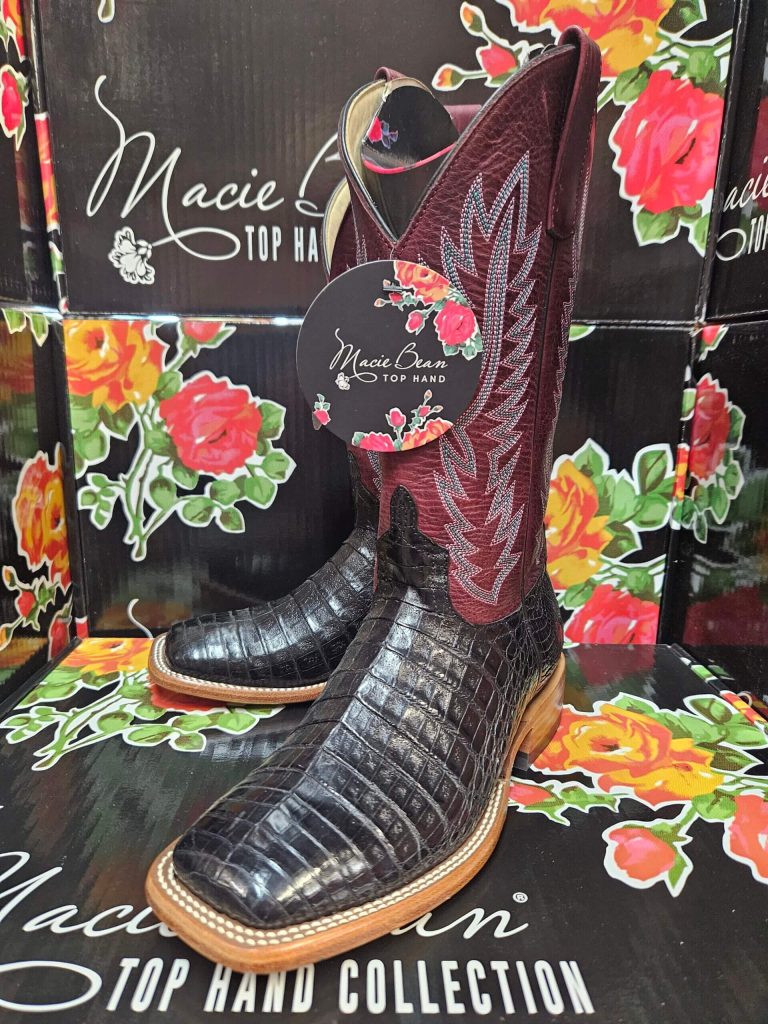 Macie Bean M2002 Top Hand black caiman belly and wine pull-up wide square toe women's exotic western boot
