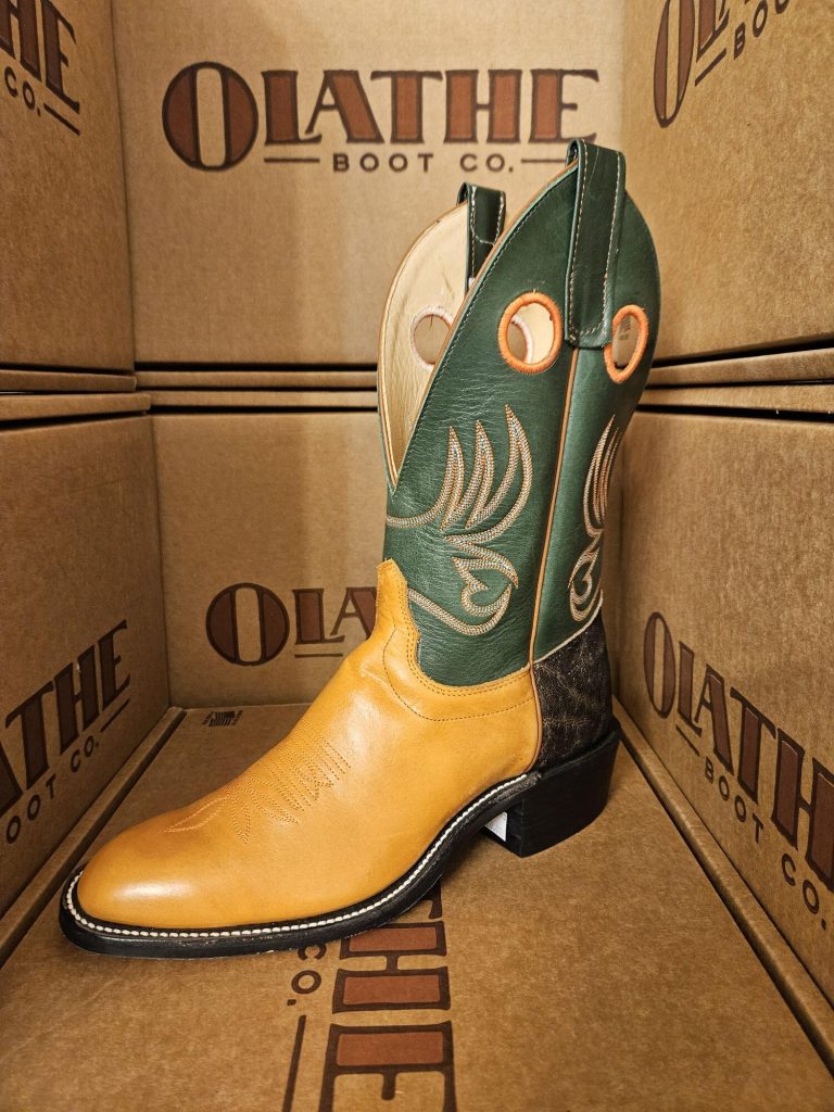 Olathe Boot Co. 2171 tan Benedictine and dark green Soft Ice round toe riding heel western cowboy boot